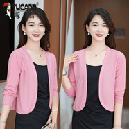 啄木鳥(niǎo)冰絲披肩短外套女2024春秋新款長(cháng)袖旗袍外搭開(kāi)衫短款百搭坎肩上衣 604粉色 XL 建議100-110