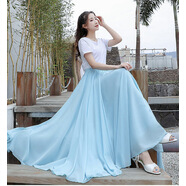 淺侈雙層大擺裙雪紡摩登舞交誼舞跳舞長(cháng)裙子廣場(chǎng)舞練功新疆舞裙 淺藍 100cm 適合身高170-175cm