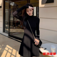 蒂洛緹娜加厚德絨高領(lǐng)黑色收腰連衣裙顯瘦長(cháng)袖氣質(zhì)短款秋冬打底修身小黑裙 黑色秋冬加厚打底裙 -秋冬女連衣裙 L 建議105-115斤