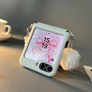 迅炫適用三星zflip6手機殼韓國新品皮質(zhì)外殼簡(jiǎn)約毛球便攜珍珠手提手機套輕薄防摔鉸鏈全包皮紋flip小折 【內鉸鏈保護】白色皮殼+毛球珍珠手提 三星GalxyZFlip6