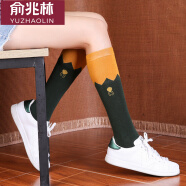 俞兆林学院风日系堆堆袜学生小腿袜高筒及膝袜子女 黄绿拼接——拼色小腿袜 (35-39)