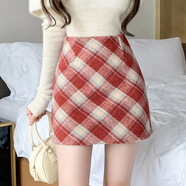 辛束祿半身裙2025新款女春秋格子毛呢紅色小個(gè)子a字包臀裙冬季短裙裙子 紅色格子短裙 XL