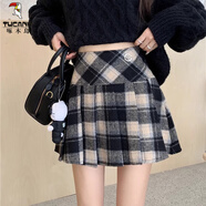 啄木鳥(niǎo)美式辣妹毛呢半身裙女秋冬紅黑格子裙高腰顯瘦學(xué)院風(fēng)jk百褶裙短裙 黑色 M