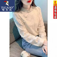 啄木鳥(niǎo)休閑襯衫女23秋季新款立領(lǐng)長(cháng)袖蕾絲新中式盤(pán)扣國風(fēng)襯衫打底上衣女 杏色 M 95-107