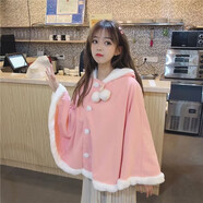 索宛亦（SUOWANYI）加絨加厚日系森女系秋冬中長款印花連帽毛呢大衣斗篷女外套女學(xué)生 粉色加絨 加絨 均碼 加絨加厚