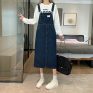 GUOCILRN鹽系牛仔背帶裙女夏季2025新款高腰寬松吊帶連衣裙長款復(fù)古學(xué)院風(fēng) 深藍(lán)色 XL
