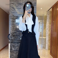 鳶諾時(shí)尚三件套裙女2025春季新款顯瘦飄帶襯衫+短馬甲+半身裙 襯衫+黑色短馬甲+半身裙 【三件 2XL