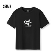 森馬（Semir）【夏日T恤合輯】短袖T恤女中長款滿印夏印花落肩上衣寬松顯瘦涼感 F款短款修身印花-黑色90001 160/84A/M