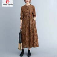 皮爾卡丹（pierre cardin）春秋新款文藝大碼盤(pán)扣抽繩收腰寬松顯瘦中長(cháng)款碎花棉麻連衣裙 咖啡色 M 【建議115斤以?xún)取?
                                         title=