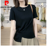 皮爾卡丹（pierre cardin）冰絲正肩短袖t恤女2025新款夏季寬松顯瘦下擺暗扣別致上衣針織衫 黑色 M (建議100斤以內(nèi))