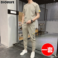 DIOULIFE夏天男士休閑套裝夏季運動套裝男衣服冰絲短袖T恤運動服套裝潮牌 855卡其 M