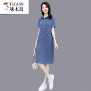 啄木鳥(niǎo)薄款牛仔連衣裙2026年春夏季新款女裝短袖休閑復古減齡時(shí)尚裙子女 牛仔藍 2XL 【建議125-140斤】