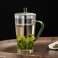 品德坊個(gè)人專用泡茶綠茶杯男帶蓋辦公杯喝水杯透明玻璃杯大容量會(huì)議杯子 G-30綠把