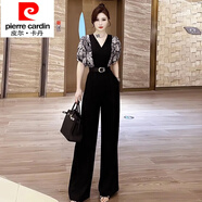 皮爾卡丹（pierre cardin）高級感連體褲女秋2025新款減齡顯瘦雪紡印花拼接連體衣闊腿褲套裝 黑色 M