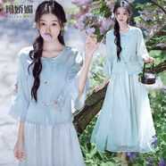 瑪嬌媚（Majiaomei）新中式國(guó)風(fēng)連衣裙女裝2025年夏季新款改良漢服盤(pán)扣七分袖上衣裙子 藍(lán)色上衣+半身裙 2XL