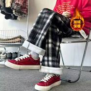 7家優(yōu)品休閑褲男春季格子毛呢加絨新款美式褲子潮牌寬松直筒闊腿長(cháng)褲 YXXS-A922黑色加絨 XL