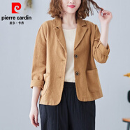 皮爾卡丹（pierre cardin）棉麻寬松小西裝女裝外套2026春夏秋新款薄款復古休閑亞麻顯瘦西服 咖啡色 XL (115-130斤)