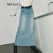 MO&Co.春秋雙腰頭高腰直筒長(cháng)款開(kāi)叉破洞牛仔半身裙摩安珂 牛仔淺藍色 L 170