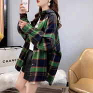 伊薇衣磨毛加厚毛呢格子襯衫女寬松中長(cháng)款春秋季新款港味百搭襯衣外套潮 0033森林綠厚款 L (105-115斤)