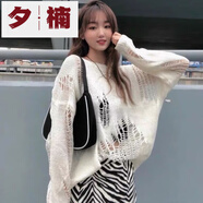 夕楠慵懶風(fēng)寬松套頭毛衣女早秋新款中長(zhǎng)款薄款針織衫長(zhǎng)袖破洞鏤空上衣 白色 S 建議80-95斤