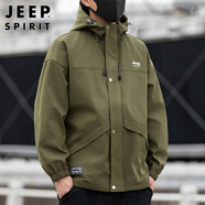 JEEP SPIRIT吉普夾克男外套秋季連帽工裝沖鋒防風衣服男裝 軍綠色 XL