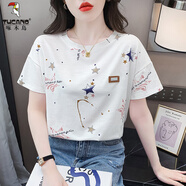 啄木鳥(niǎo)正肩棉短袖t恤夏季女裝2025新款寬松白色半袖體恤上衣夏裝ins潮 1226星星 S 建議80-95斤