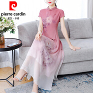 皮爾卡丹（pierre cardin）新中式改良版旗袍2024年新款年輕媽l媽連衣裙子女裝夏季長裙 藕色《今年流行氣質洋氣感時髦顯 L (100-110斤)