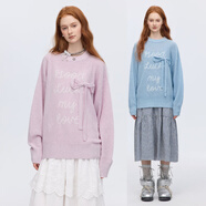 PSO Brand腈綸紗仿馬海毛吸睛蝴蝶結刺繡文字毛衣女生針織衫上衣 櫻花粉 SakuraPink L