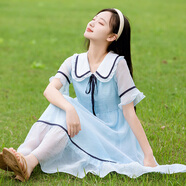 方糖姑娘學(xué)院風(fēng)連衣裙初中生少女夏季2025新款大童高中生甜美學(xué)生胖mm顯瘦 24251LX藍色連衣裙 L