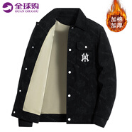PHIELIERPS官方潮牌休閑夾克男秋冬季韓版印花帥氣翻領(lǐng)高街外套棒球服上衣男 黑色-加棉款（NE01） 4XL（建議180-195斤）