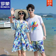 羅蒙（ROMON）沙灘情侶裝海邊度假套裝三亞蜜月穿搭裙子顯瘦泰國旅游大碼衣服 藍葉T恤款 XL 男