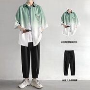 主意范（ZHUYIFAN）胖子大碼冰絲漸變短袖冰絲襯衫男夏季薄款寬松休閑長(cháng)袖襯衣外套 綠色+K950冰絲褲 4XL 185-200斤