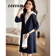 ceezemc香港潮牌連帽衛(wèi)衣連衣裙女 2025春季新款休閑寬松通勤百搭T恤裙子 藏青色 L