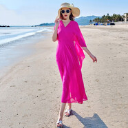 ANNA ETTER海邊長(cháng)款度假連衣裙女女王氣質(zhì)V領(lǐng)修身大擺雪紡淑女沙灘長(cháng)裙蝙蝠 9015-枚紅色 M