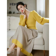 NENW潮流名媛氣質(zhì)感休閑套裝女v領(lǐng)長(cháng)袖針織上衣半身裙兩件套秋季新款 單毛衣 S