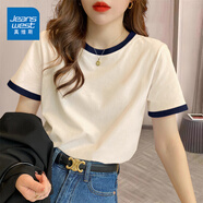 真維斯（JEANSWEST）t恤女夏季裝新款純棉短袖上衣服女裝寬松撞色休閑慵懶風(fēng)正肩半袖 米藏青 純色 L