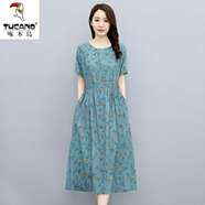 啄木鳥(niǎo)棉麻短袖連衣裙女夏季新款大尺碼女裝民族風(fēng)氣質(zhì)顯瘦碎花中長(cháng)裙子 湖藍色 3XL (建議體重 140-155)