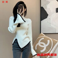 口旋針織打底衫女半高瓴毛衣女秋冬新款不規(guī)則開(kāi)叉設(shè)計(jì)感小眾別致毛衣 白色 L 【建議105-115斤】