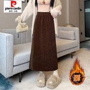 皮爾卡丹（pierre cardin）燈芯絨半身裙女秋冬季新款裙子松緊高腰a字中長裙開叉顯瘦加絨裙 棕色#【冬季款】 加絨 L 建議106-120斤