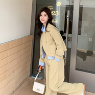 junfangya西裝春季套裝兩件套時(shí)尚2024休閑新款闊腿褲拼接撞色外套 卡其色 S