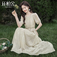 絲柏舍系帶連衣裙2024夏裝新款女裝優(yōu)雅甜美壓褶印花長(cháng)裙