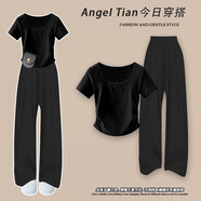 雪妃藍(lán)琪休閑褲子女2025新款夏季女裝小個(gè)子時(shí)尚氣質(zhì)穿搭顯高顯瘦闊腿褲 黑色上衣+黑色褲子 M 【建議80-100斤】