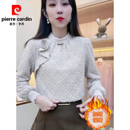 皮爾卡丹（pierre cardin）蕾絲打底衫女歐貨立體花朵加絨2025春季新款半高領(lǐng)泡泡袖毛衣上衣 卡其色(加絨) 做工精細(xì) M 建議90-110斤