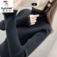 啄木鳥(niǎo)羊毛衫女2023半高領(lǐng)蕾絲花邊打底衫士春秋冬季新款洋氣黑色毛衣內 黑色 M