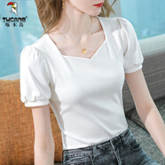啄木鳥(niǎo)高端方領(lǐng)短袖白色T恤女2025夏裝新款減齡氣質(zhì)女裝修身露鎖骨上衣 白色 3XL 140-155斤