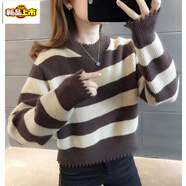 初徑條紋短款加絨加厚毛衣女2025秋冬季新小個子款百搭寬松洋氣打底衫 咖啡色【不加絨關(guān)注+活動僅剩66 L 建議110-120斤