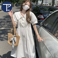 PMOG夏季小清新法式小眾裙子2024年夏娃娃領(lǐng)中長(zhǎng)款短袖小個(gè)子連衣裙女 白色 L