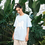 SuaMoment抓痕字母貓咪印花短袖夏季新款男女寬松休閑潮流T恤 藍色 L