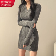 確彤性感V領(lǐng)長袖針織連衣裙女春秋百搭小個子修身緊身毛衣打底包臀裙 灰色 均碼