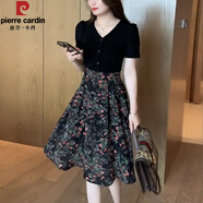 皮爾卡丹（pierre cardin）品牌假兩件碎花連衣裙女夏季2025新款氣質(zhì)時尚V領(lǐng)遮肚子顯瘦裙子 黑色 XL 【110-120斤】